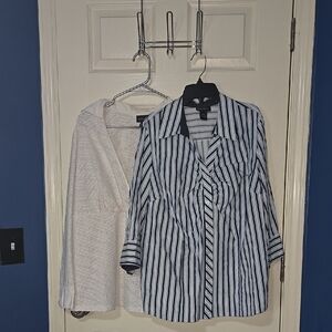 Striped Button-Up Shirt and Semi-Sheer White PatternedTop